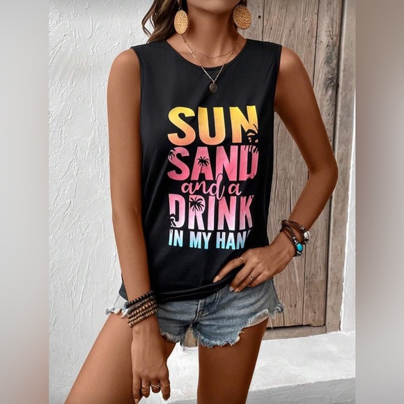 π Sun Sand and a Drink In My Hand Black Graphic Tank Top - Picture 3 of 5